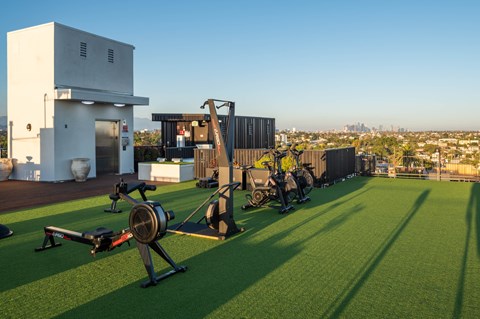 A gym with a view of the city skyline.
