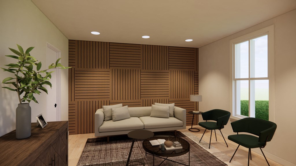 a living room with a couch and a table