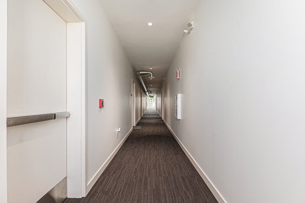 A long hallway with a brown carpet and white walls.