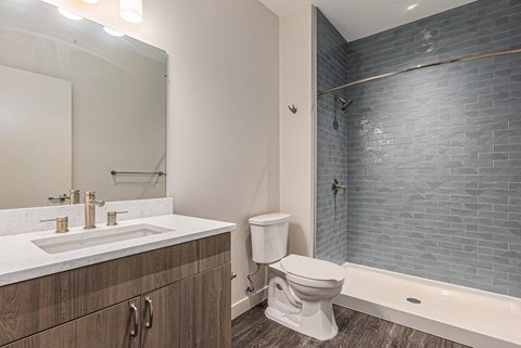 A white toilet sits next to a bathtub in a bathroom.