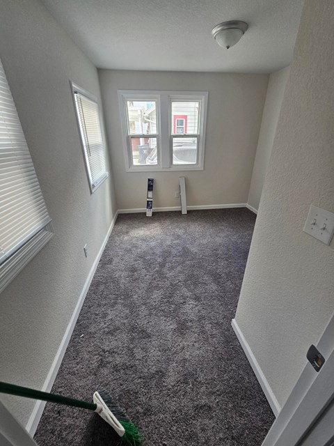 A room with a grey carpet and a window with blinds.