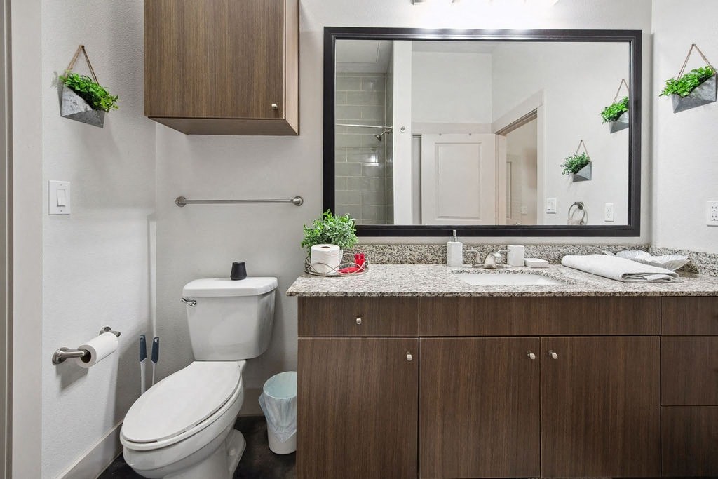 a bathroom with a toilet and a large mirror