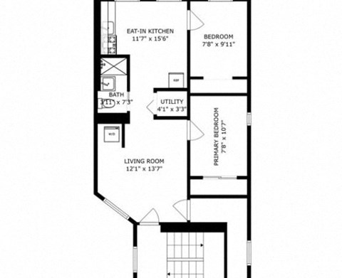 A floor plan of a house with a living room, two bedrooms, a bathroom, and a utility space.