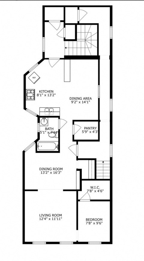 A floor plan of a house with a kitchen, dining area, pantry, bathroom, living room, and two bedrooms.