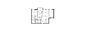 A floor plan of a unit with a living room, two bedrooms, a bathroom, and a kitchen.