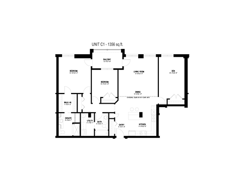 A floor plan of a unit with a living room, two bedrooms, a bathroom, and a kitchen.
