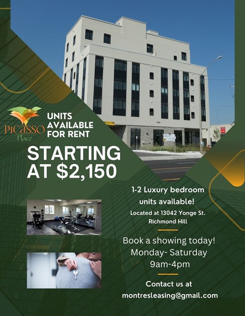 A real estate advertisement for a building called Picasso Flats, offering units for rent starting at $2,150.