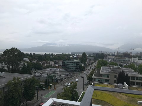 A view of a city from a high vantage point with buildings, trees, and a body of water in the distance.