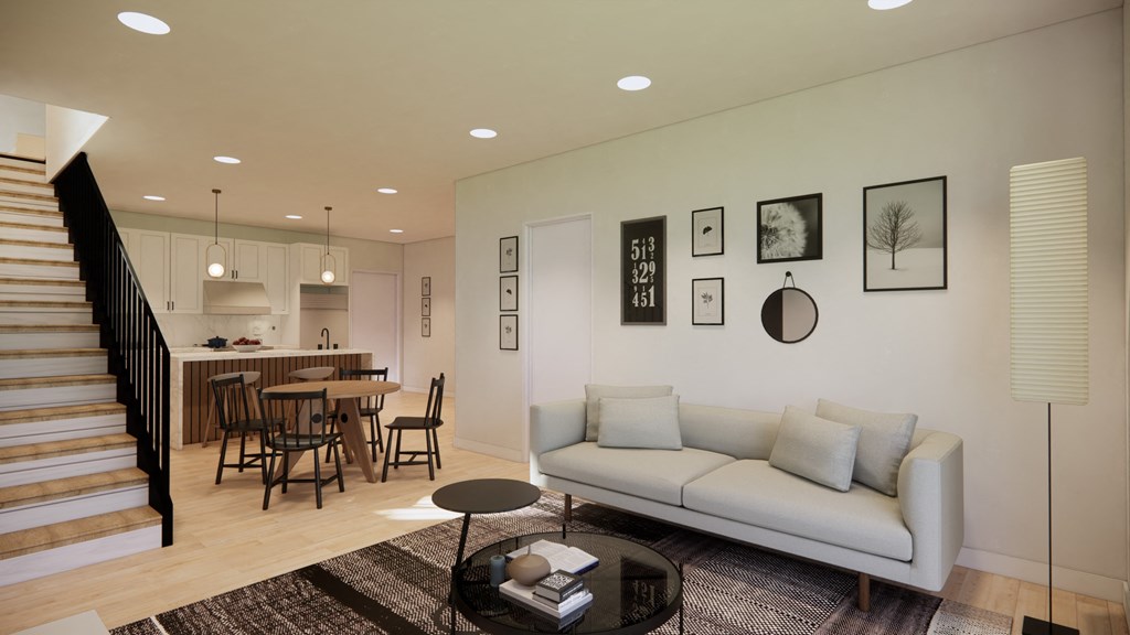 a rendering of a living room with a couch and a table