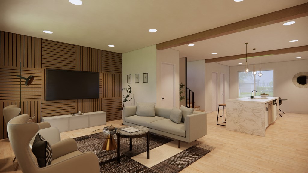 a living room with a couch and a table