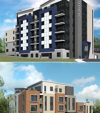Two images of a modern apartment building with balconies and windows.