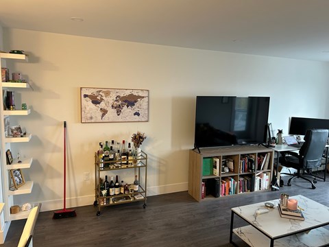 A living room with a television, bookshelves, and a coffee table.