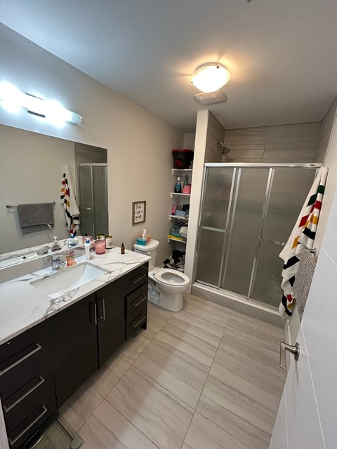 A bathroom with a sink, mirror, toilet, and shower.