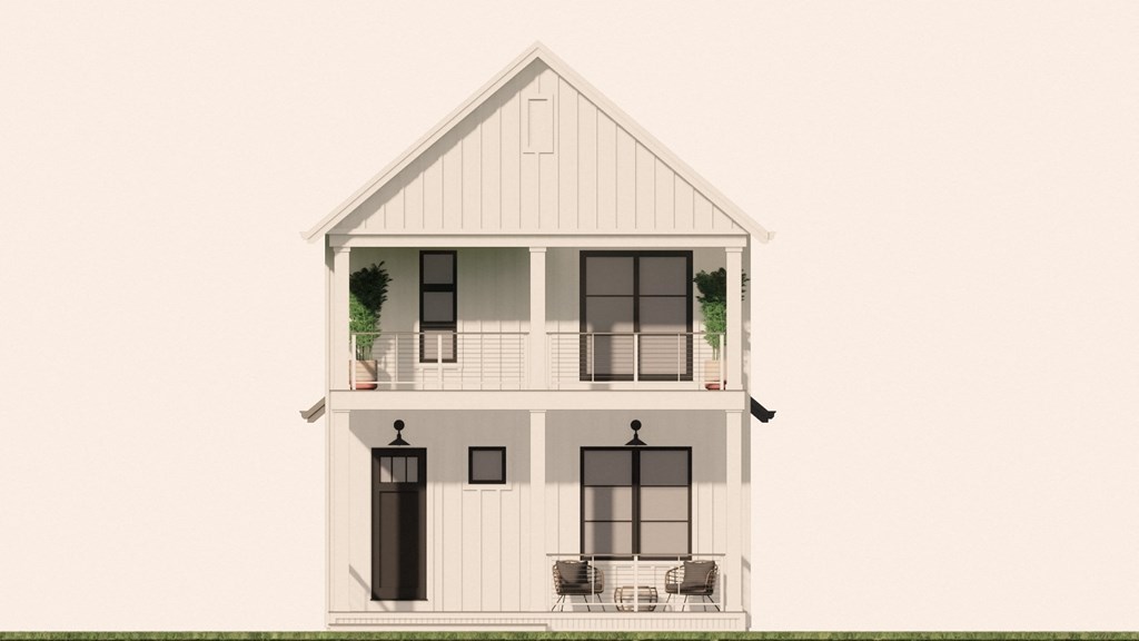 a rendering of a white farm house with black doors and windows