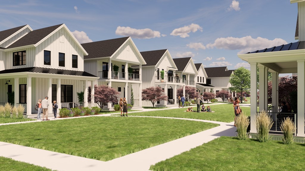 a rendering of a neighborhood of houses with lawns and people walking