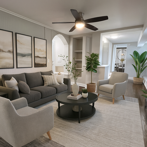 A living room with a grey couch, a black coffee table, and a ceiling fan.
