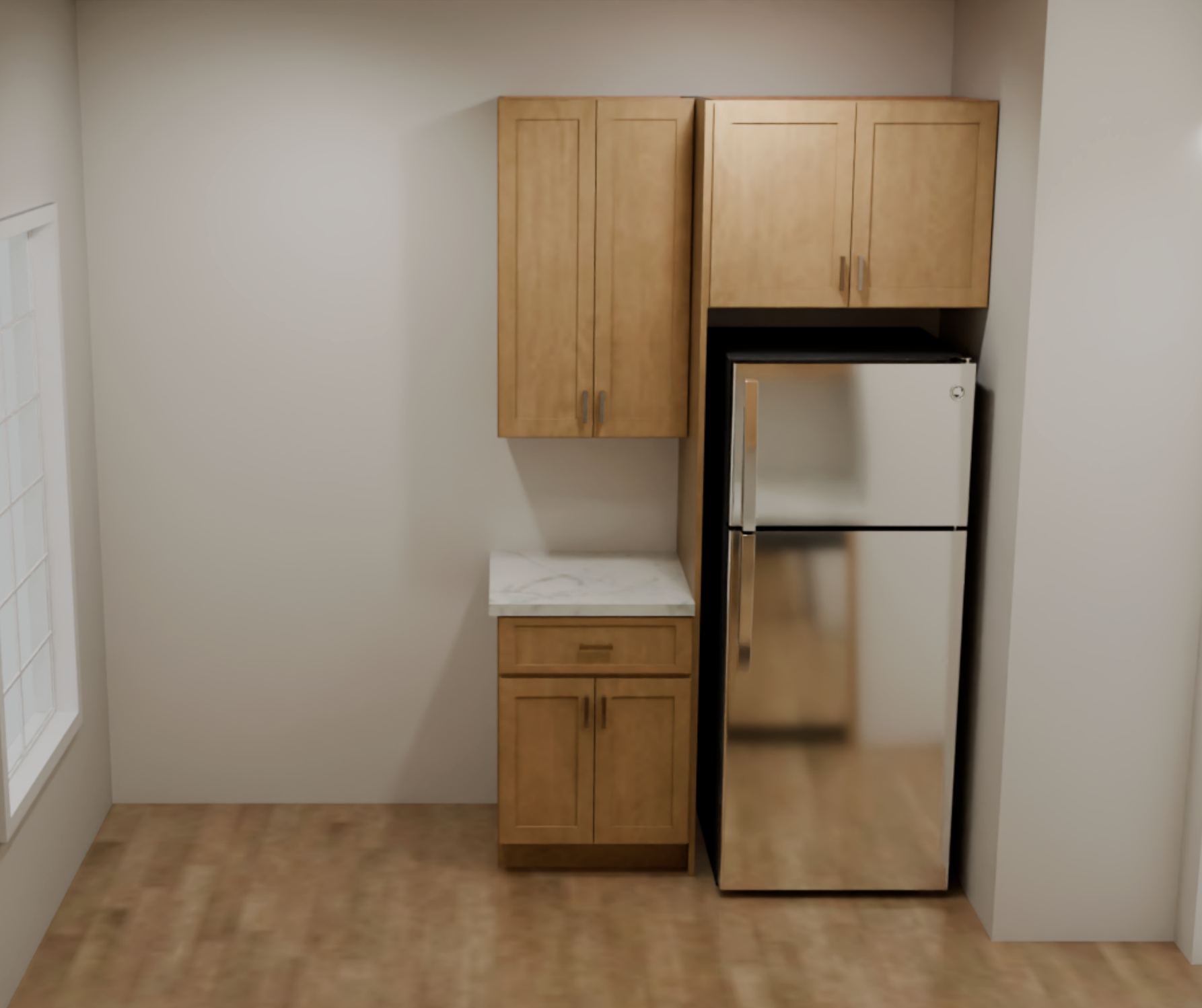 A kitchen with wooden cabinets and a white fridge.