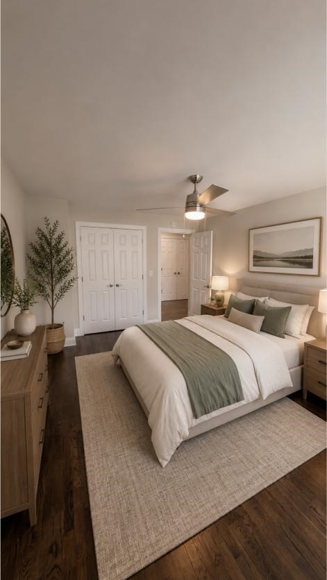 A bedroom with a large bed and a wooden dresser.