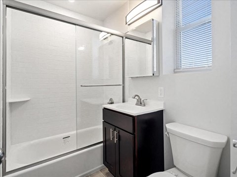 A white and black bathroom with a walk in shower.