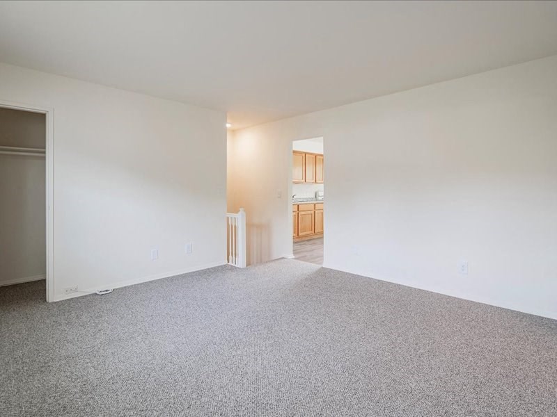 A room with a carpeted floor and a doorway leading to another room.