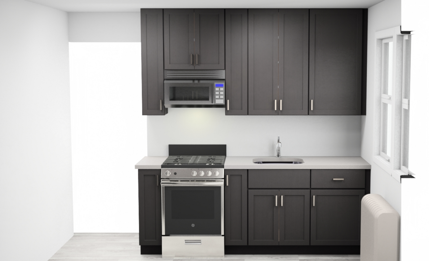A modern kitchen with black cabinets and stainless steel appliances.