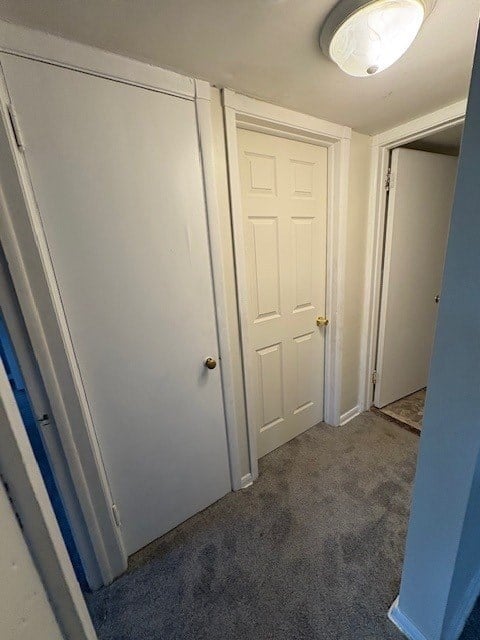 A white door is in a room with a carpet.