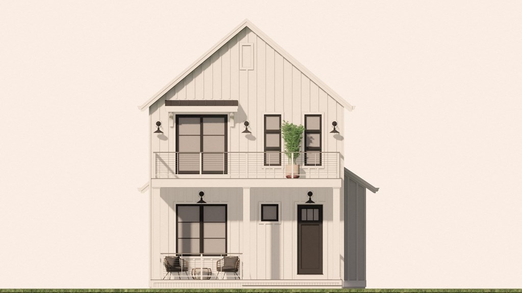 A drawing of a house with a balcony and a door.