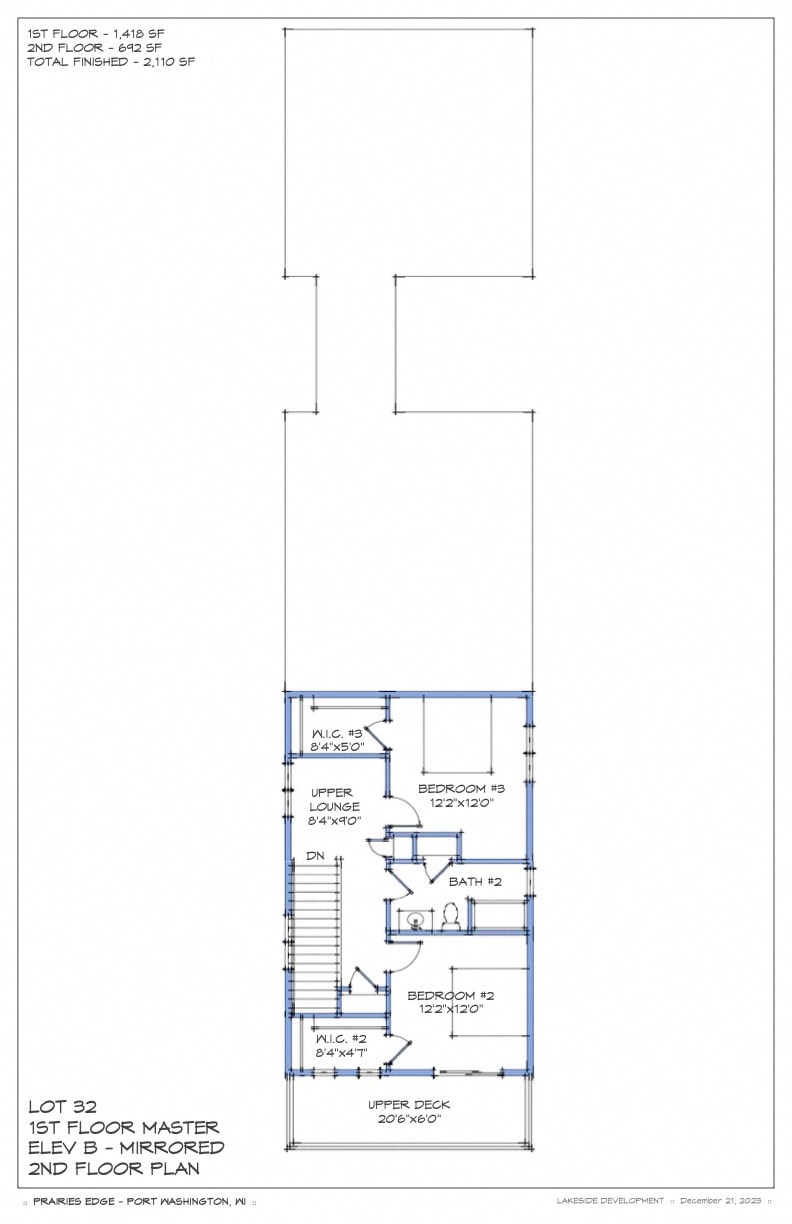 A blue and white floor plan for a building with a first floor lobby, second floor lounge, and third floor bedrooms.