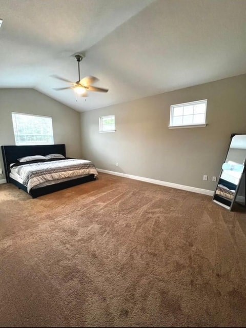 A bedroom with a bed, a ceiling fan, and a carpeted floor.