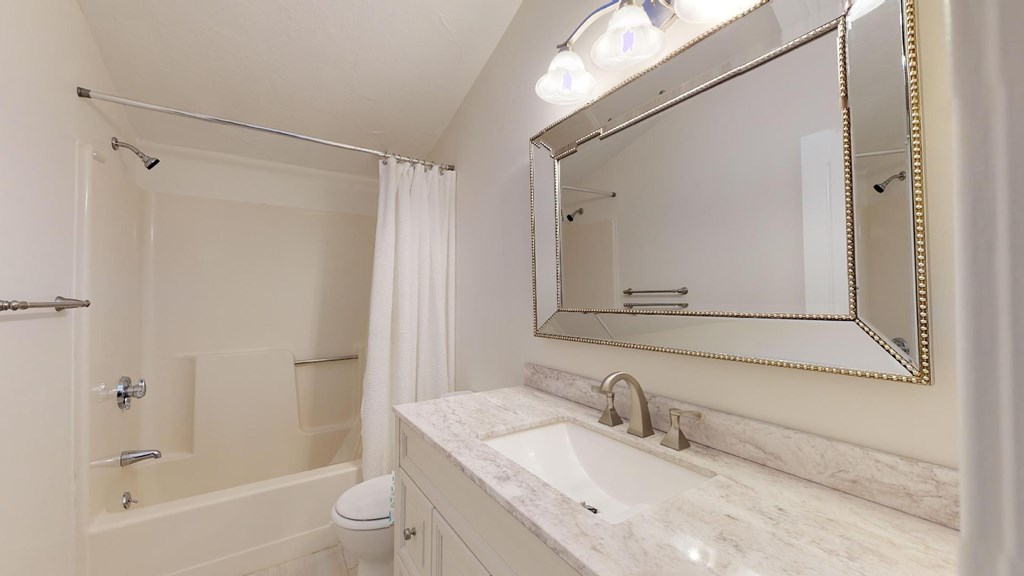 A white bathroom with a marble counter top and a large mirror.