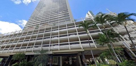 A tall building with a palm tree in front of it.