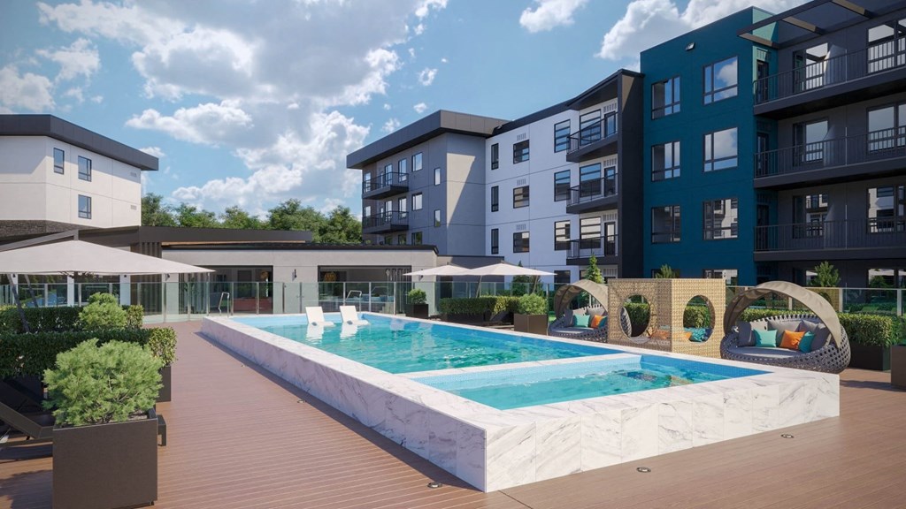 a rendering of a pool with an apartment building in the background
