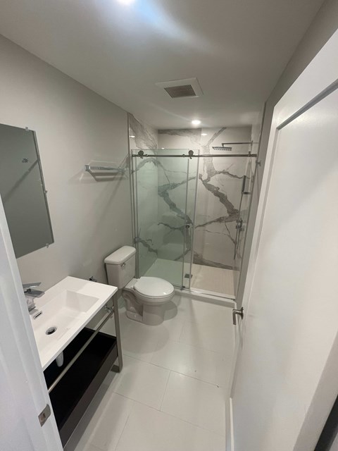 a bathroom with a shower and a sink and a toilet