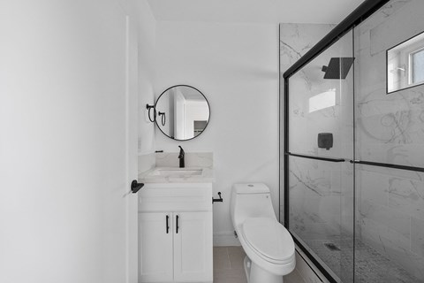 a bathroom with a sink toilet and a shower