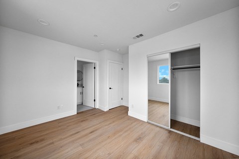 a living room with white walls and wood floors and a mirrored closet