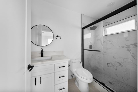 a bathroom with a sink toilet and a shower