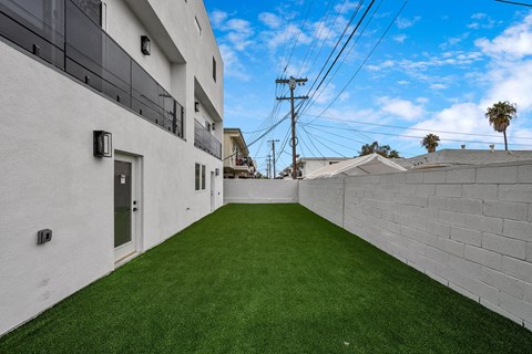 a yard with a green lawn between two buildings