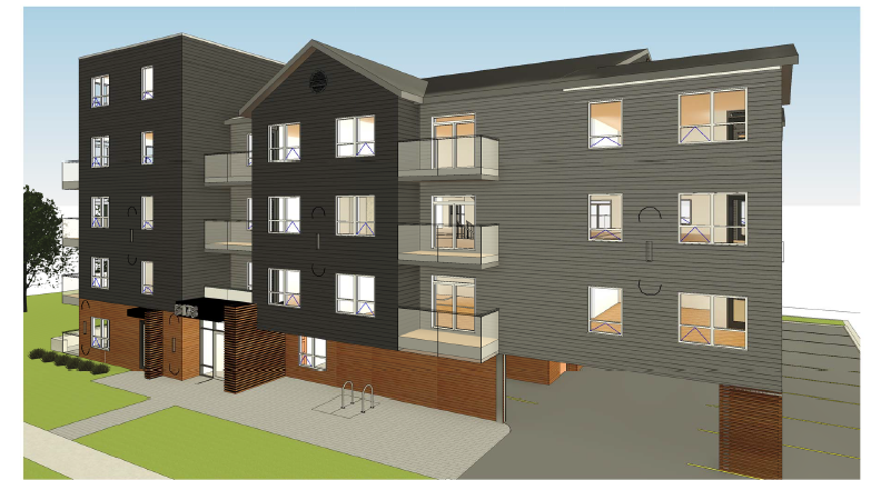 A 3D rendered image of a modern apartment building.