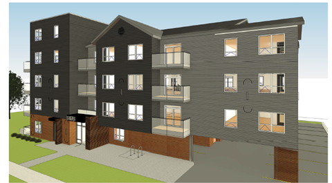 A 3D rendered image of a modern apartment building.