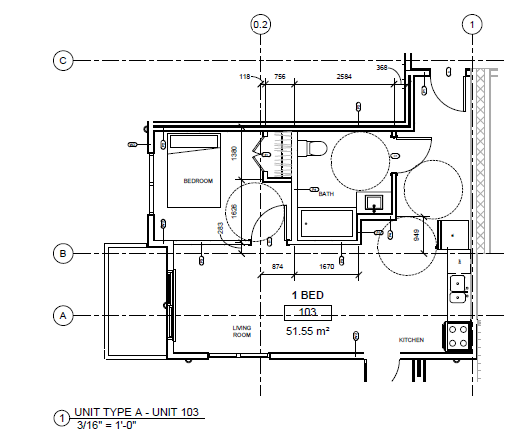 A drawing of a floor plan for a 1 bedroom apartment.