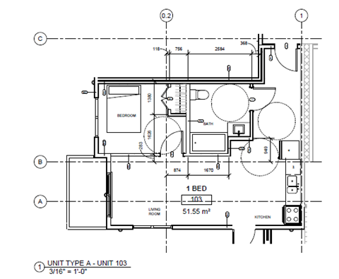 A drawing of a floor plan for a 1 bedroom apartment.