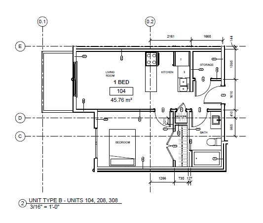 A floor plan of a one bedroom apartment with dimensions and measurements.