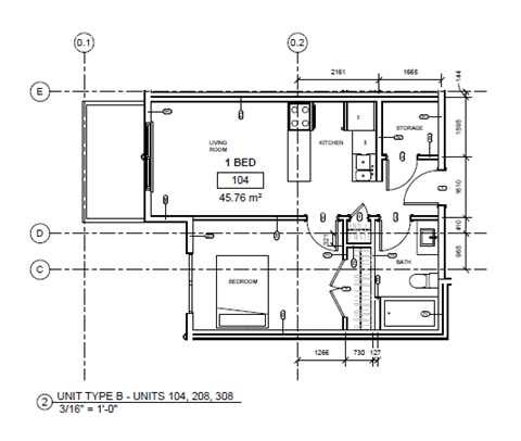A floor plan of a one bedroom apartment with dimensions and measurements.