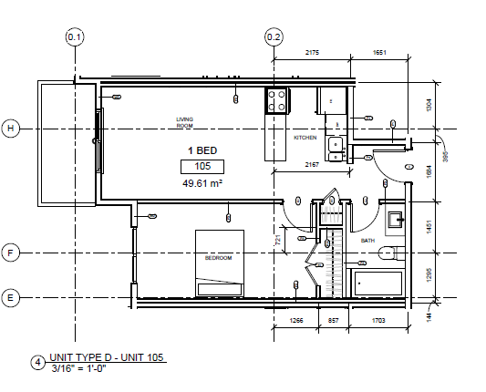 A floor plan for a 1 bedroom apartment sized at 105 square feet.