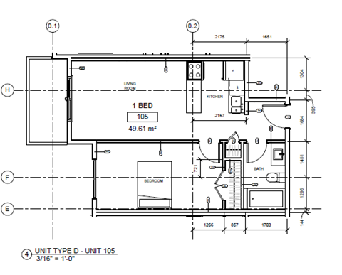 A floor plan for a 1 bedroom apartment sized at 105 square feet.