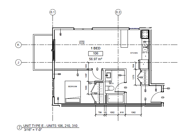 A floor plan of a unit type E with dimensions and measurements.