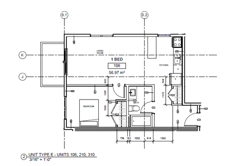 A floor plan of a unit type E with dimensions and measurements.
