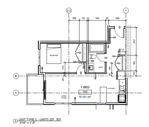 A floor plan of a 1 bedroom apartment with a living room, kitchen, and bathroom.