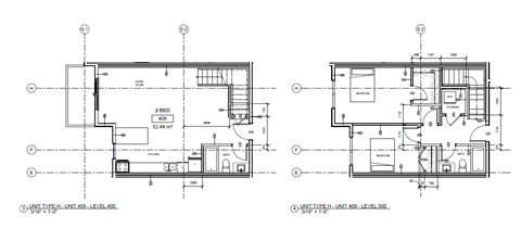 Two floor plans of a house with dimensions and labels.