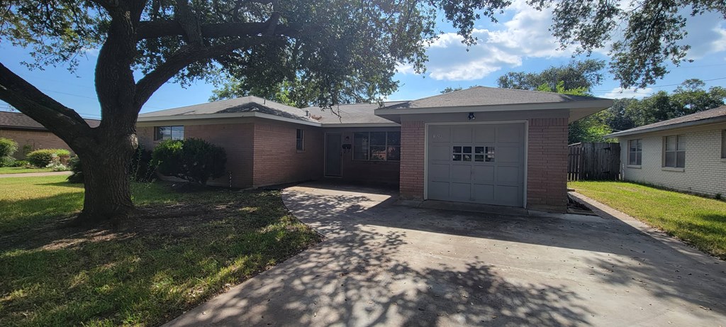 A house with a garage and a tree in front.